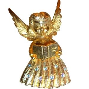 Vintage MYLU Gold Tone Singing Angel Brooch Aurora Borealis Rhinestone Pin 2in